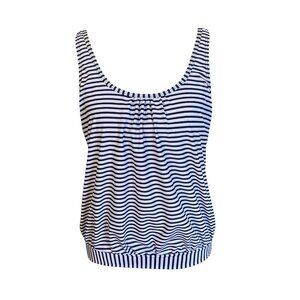 Women's small blue and white striped tankini swimsuit lightly padded